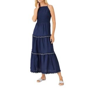 Ann Taylor Navy Smocked Scalloped Tiered Maxi Dress Sleeveless Cotton Blend | M
